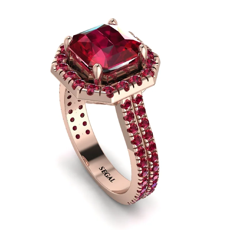 Titanium Wedding Band-Gorgeous Radiant Cut Ruby Pave Double Shank Engagement Ring With Hidden Stone - Felicity No. 56