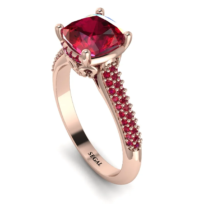 Classic Gold Band Ring-Luxury Pave Cushion Cut Ruby Engagement Ring With Hidden Stone - Esmeralda No. 56