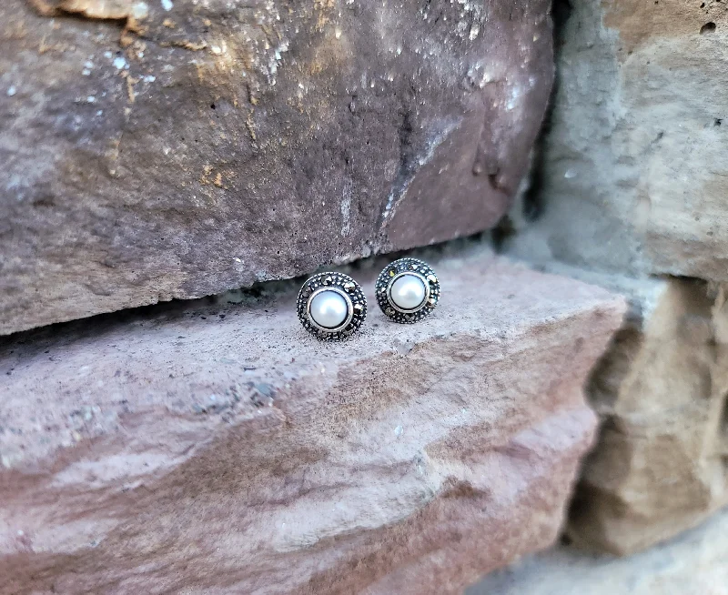 Gold Pearl Earrings-Round Marcasite Pearl Earrings