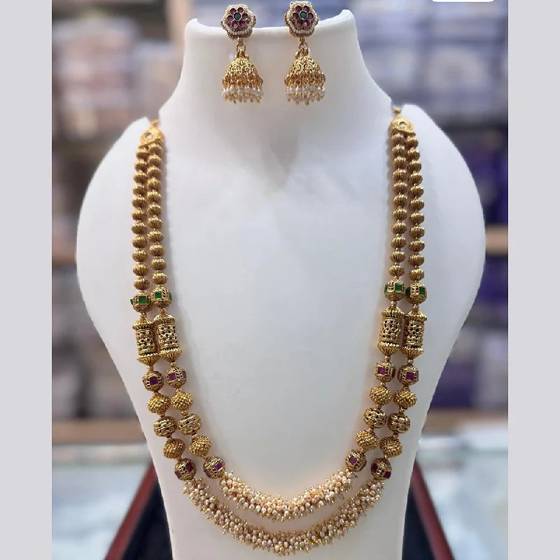 Customizable Necklace-JCM Gold Plated Pota Stone And Pearls Long Necklace Set