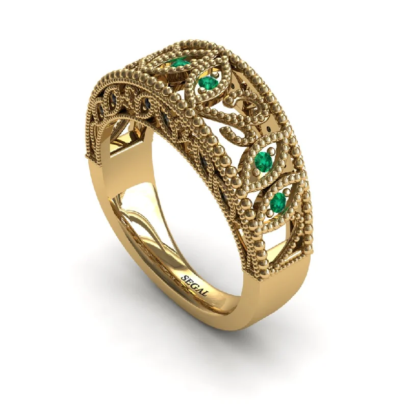 Men's Gold Ring-Unique Engagement Ring 14K Yellow Gold Art Deco Antique Ring Edwardian Ring Filigree Ring Green Emerald With Black Diamond - Avery no. 7