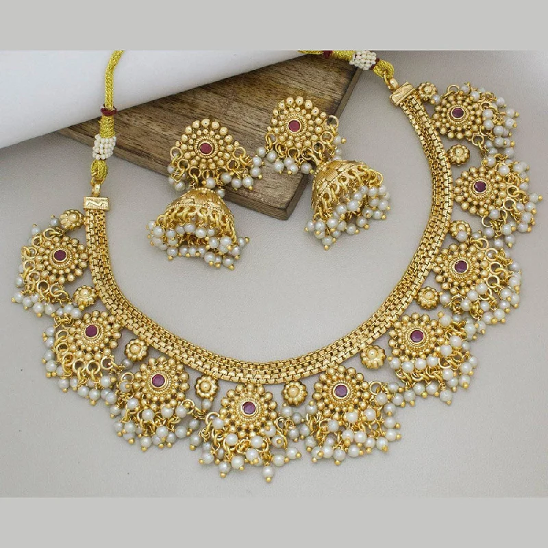 Elegant Turquoise Necklace-Manisha Jewellery Gold Plated Pota Stone And Pearls Necklace Set