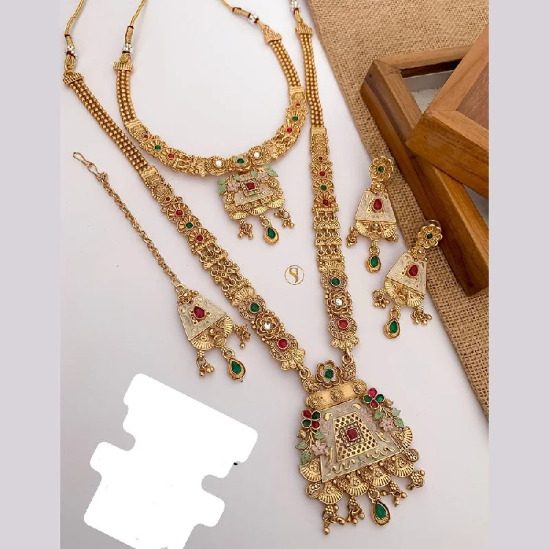 Art Nouveau Necklace-FS Collection Gold Plated Pota Stone And Meenakari Double Necklace Set