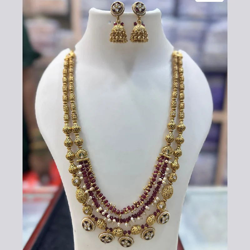 Layered Gold Necklace-JCM Gold Plated Pota Stone And Pearls Long Necklace Set