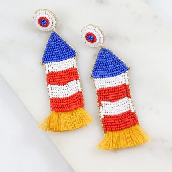 Oval Shaped Earrings-Beaded Earrings, Patriotic Fireworks