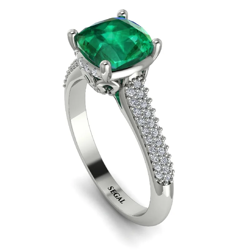 Solitaire Gemstone Ring-Luxury Pave Cushion Cut Emerald Engagement Ring With Hidden Stone - Esmeralda No. 6