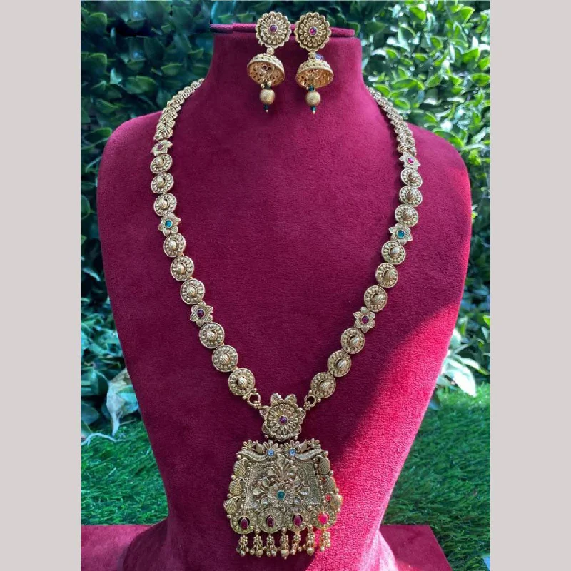 Sterling Silver Necklace-Amoliya Jewels Gold Plated Pota Stone And Pearls Long Necklace Set