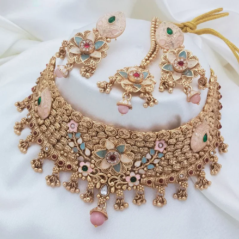 Bridal Wedding Necklace-Akruti Collection Gold Plated Pota Stone And Pearls Meenakari Choker Necklace Set