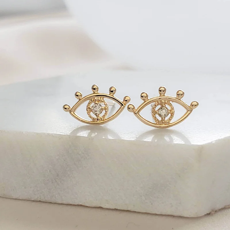 Chic Drop Earrings-14k Gold Evil Eye Stud Earrings with Genuine Diamond Accent