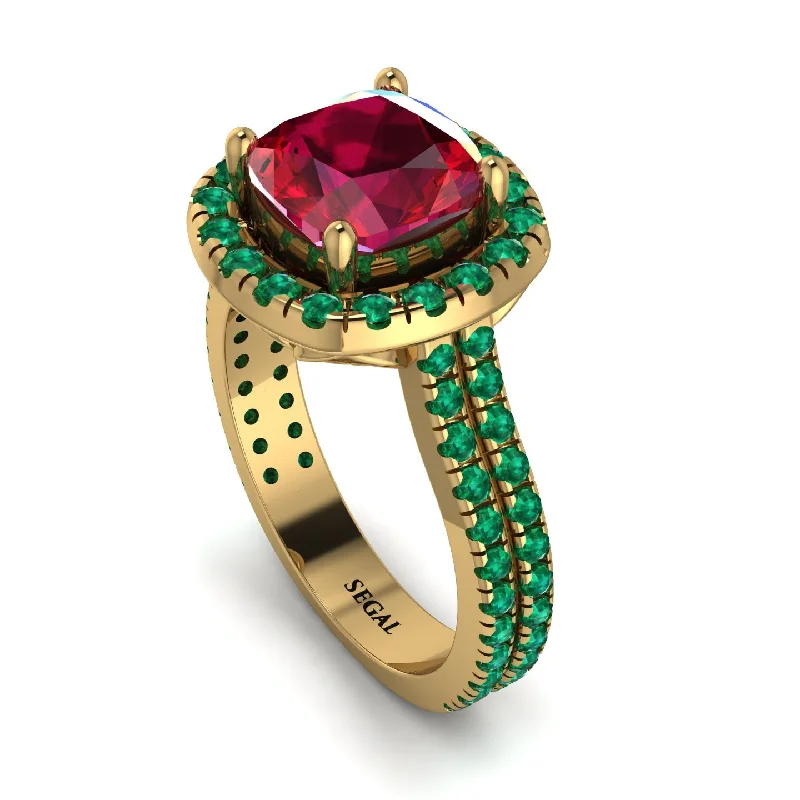 Customizable Birthstone Ring-Gorgeous Cushion Cut Ruby Pave Double Shank Engagement Ring With Hidden Stone - Kira No. 25