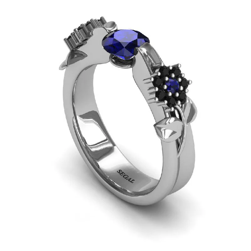 Silver Stackable Rings-Engagement ring 14K White Gold Flower And Leafs Antique Ring Sapphire With Black Diamond - Piper