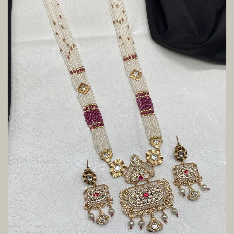 Luxury Custom Necklace-Amoliya Jewels Gold Plated Polki Kundan Stone And Pearls Long Necklace Set