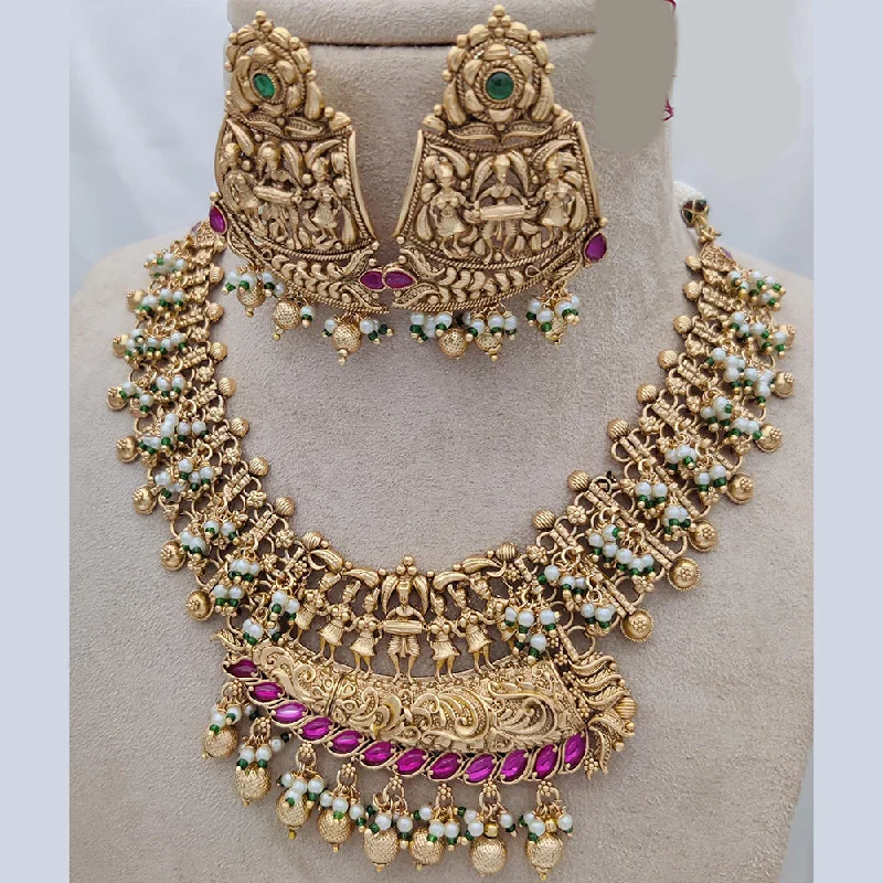 Dainty Silver Necklace-Jewel Addiction Copper Rajwadi Finish Pota Stone Necklace Set