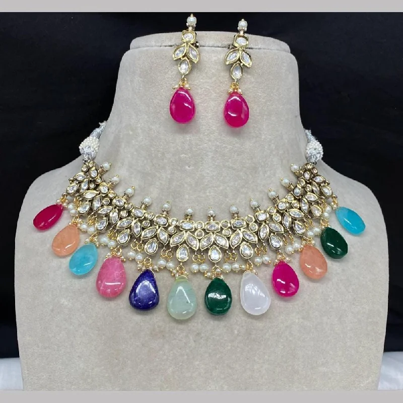 Retro Style Necklace-Shagna Gold Plated Polki Kundan Stone And Beads Necklace Set