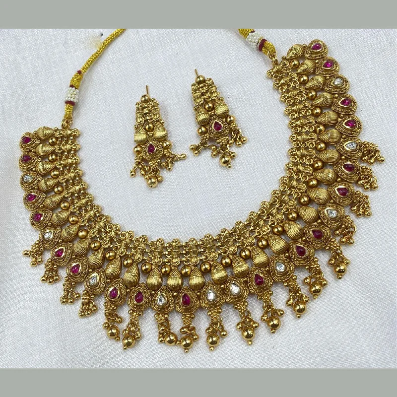 Bridal Wedding Necklace-Amoliya Jewels Gold Plated Pota Stone And Pearls Necklace Set