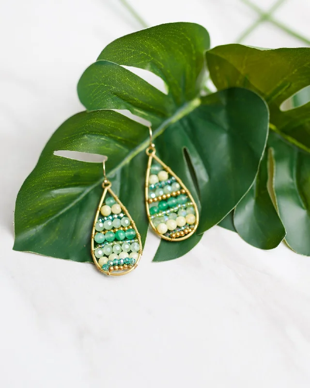 Earrings with Natural Stones-Green Beaded Teardrop Earrings