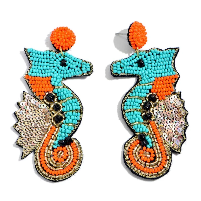 Modern Chain Earrings-Beaded Earrings, Orange and Blue Seahorses