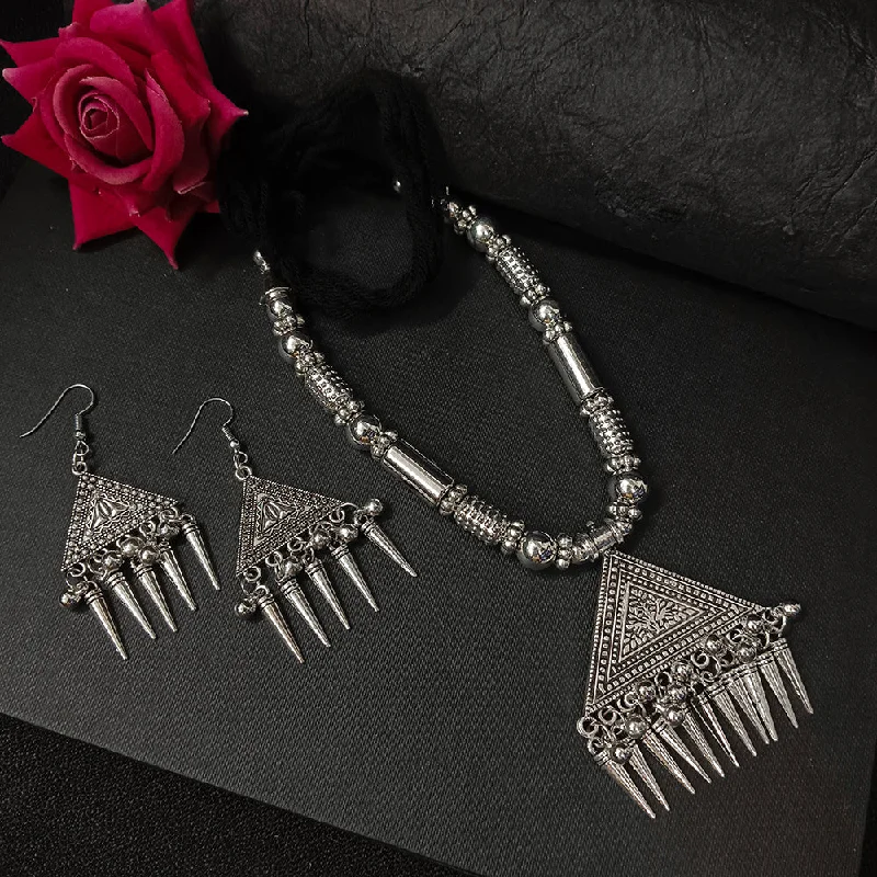 Classic Pendant Necklace-Darshana Jewels Oxidised Plated Long Necklace Set