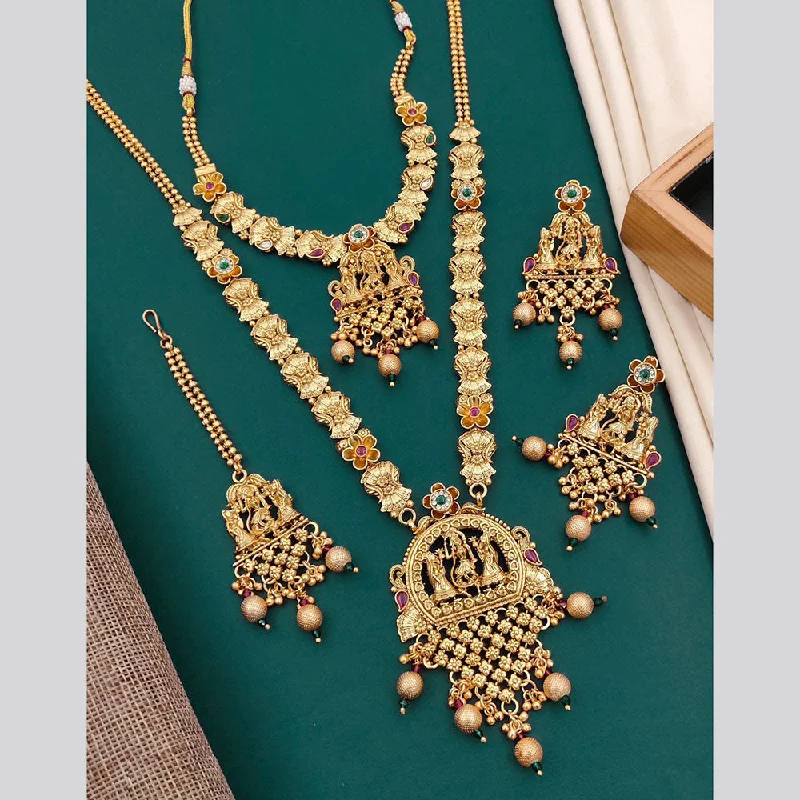 Bold Crystal Necklace-Neetu Art Gold Plated Pota Stone Double Necklace Set