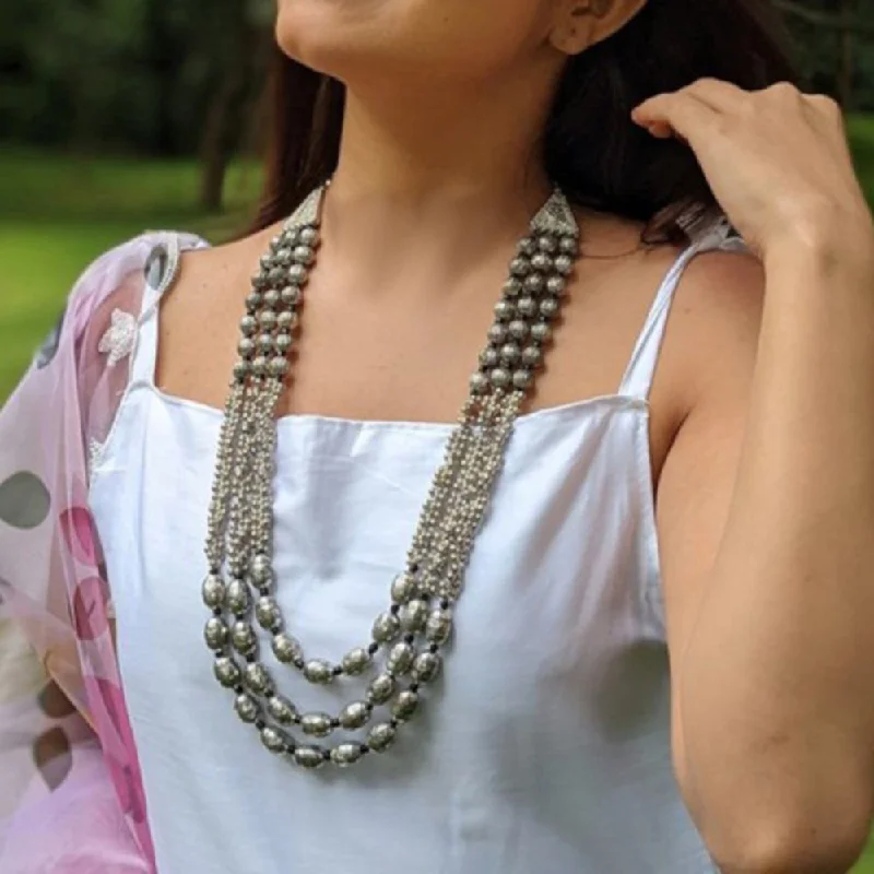 Modern Designer Necklace-Bevy Pearls Oxidised Plated 3 Layer Necklace