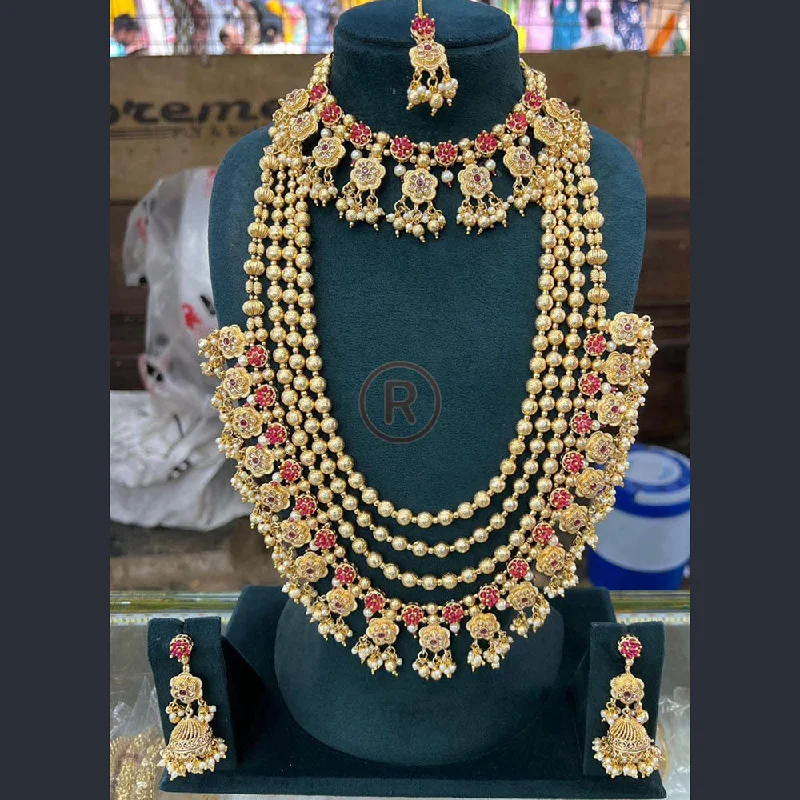 Adjustable Chain Necklace-Manisha Jewellery Gold Plated Pota Stone And Pearls Double Necklace Set