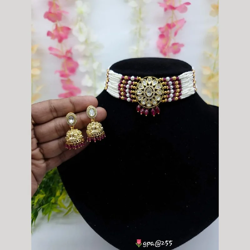 Handcrafted Pendant Necklace-JCM Gold Plated Kundan Stone And Beads Choker Necklace Set