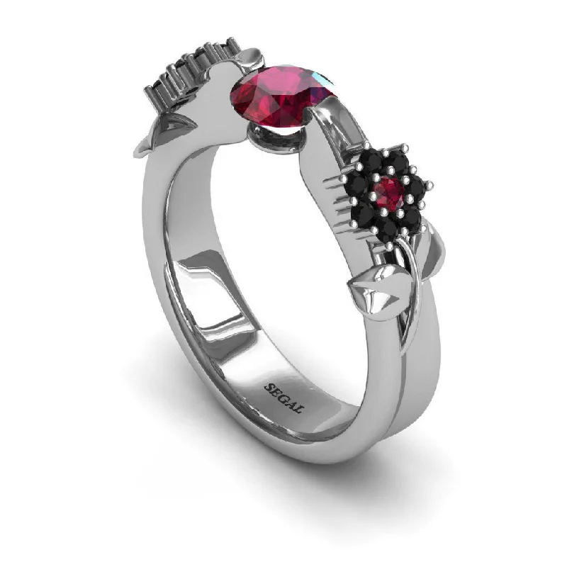 Simple Diamond Ring-Engagement ring 14K White Gold Flower And Leafs Antique Ring Ruby With Black Diamond - Piper