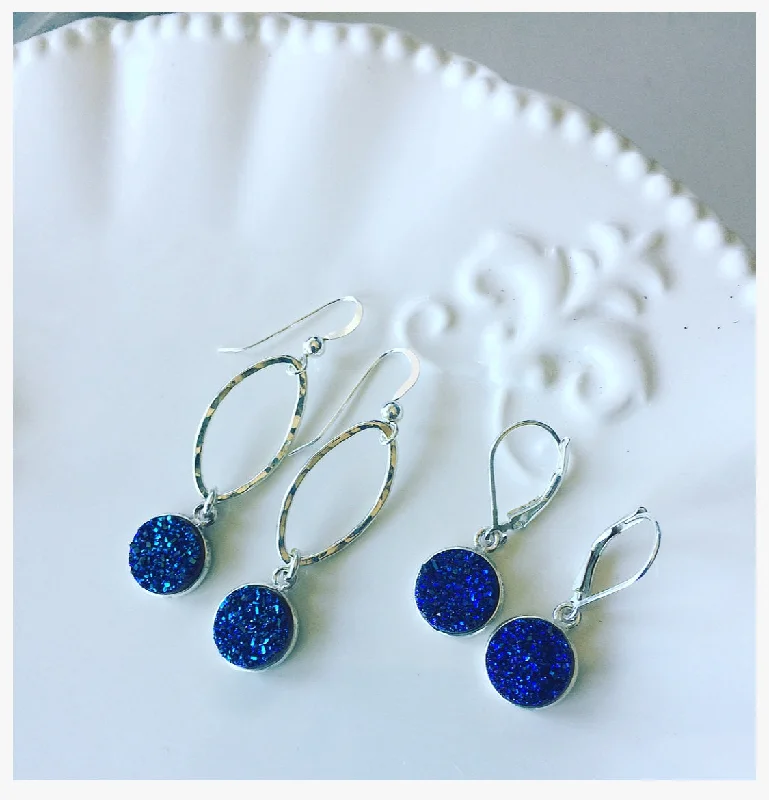 Casual Silver Earrings-Sterling silver blue Druzy earrings