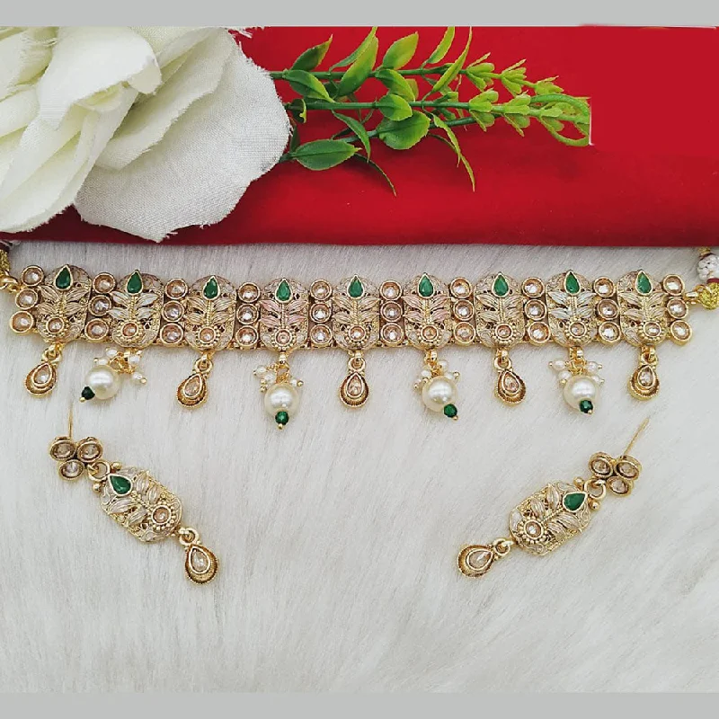 Designer Gold Necklace-FS Collection Gold Plated Kundan Stone And Beads Choker Necklace Set