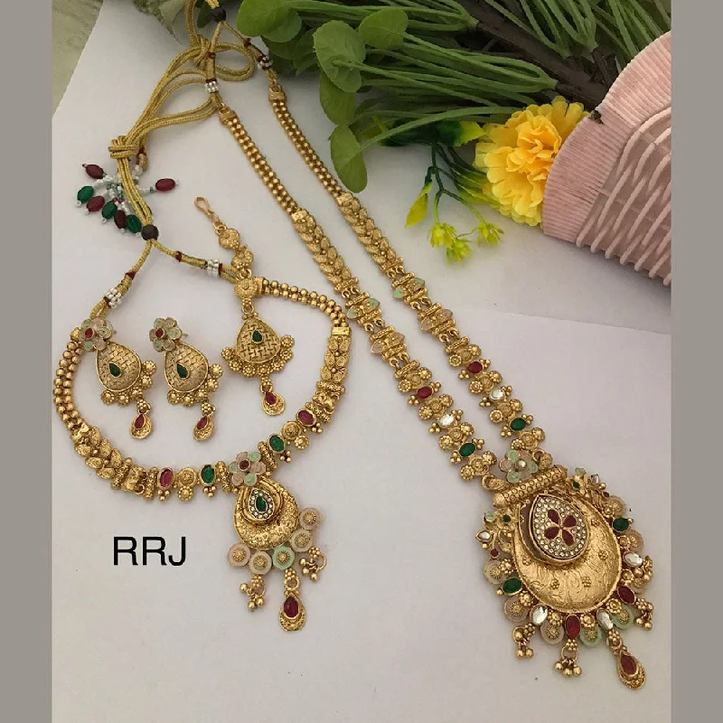 Vintage Gold Necklace-FS Collection Gold Plated Pota Stone Combo Necklace Set