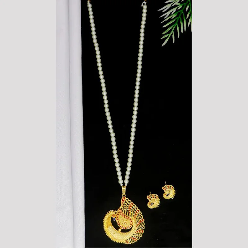 Silver and Pearl Necklace-Mahavir Gold Plated Pearls Long Necklace Set