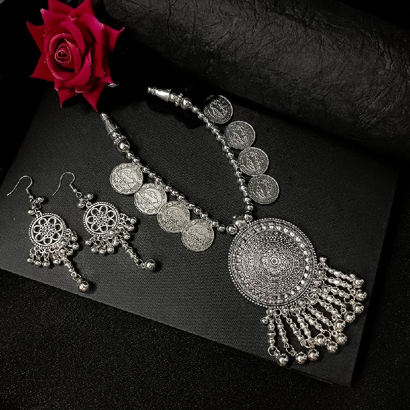 Modern Designer Necklace-Darshana Jewels Oxidised Plated Long Necklace Set