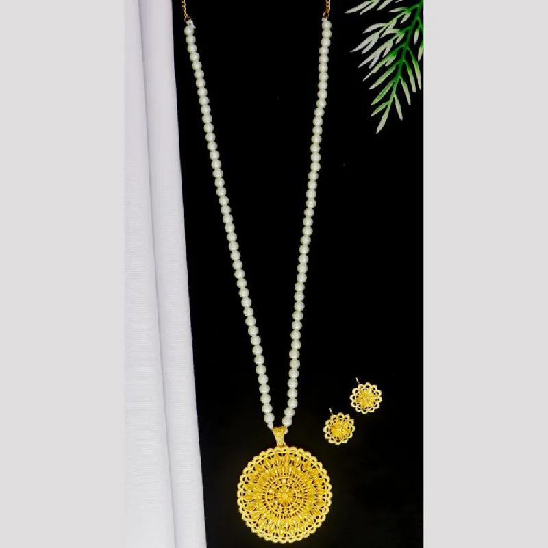 Silver Coin Necklace-Mahavir Gold Plated Pearls Long Necklace Set