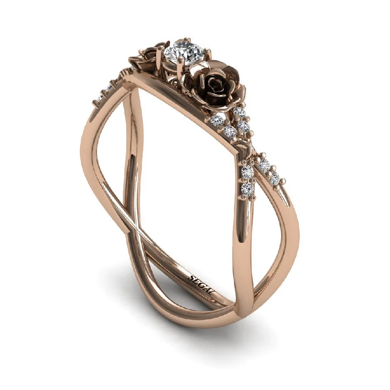 Modern Engagement Ring-Rose Engagement ring 14K Rose Gold Thin Elegant Flower Ring White diamond - Stella no. 2