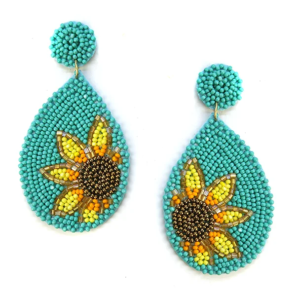 Turquoise Earrings-Beaded Earrings, Teal Sunflowers