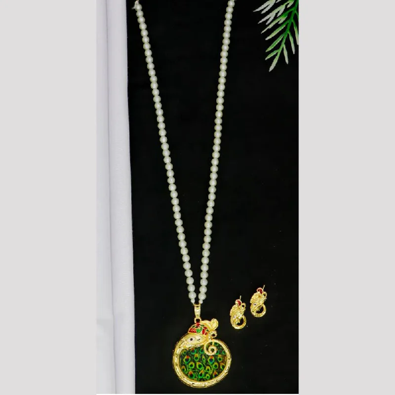 Custom Diamond Necklace-Mahavir Gold Plated Pearls Long Meenakari Necklace Set