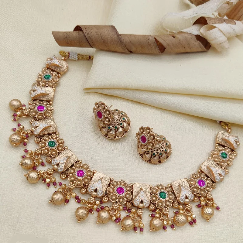 Classy Silver Necklace-Jewel Addiction Copper Rajwadi Finish Pota Stone Necklace Set