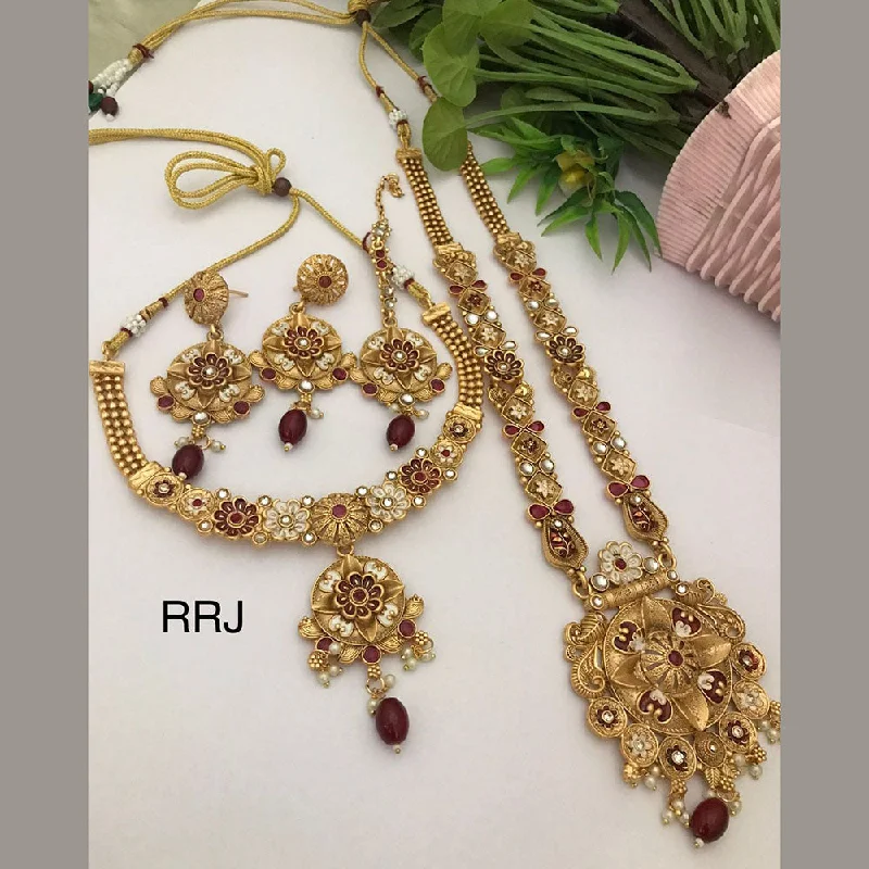 Simple Diamond Necklace-FS Collection Gold Plated Pota Stone And Beads Combo Necklace Set